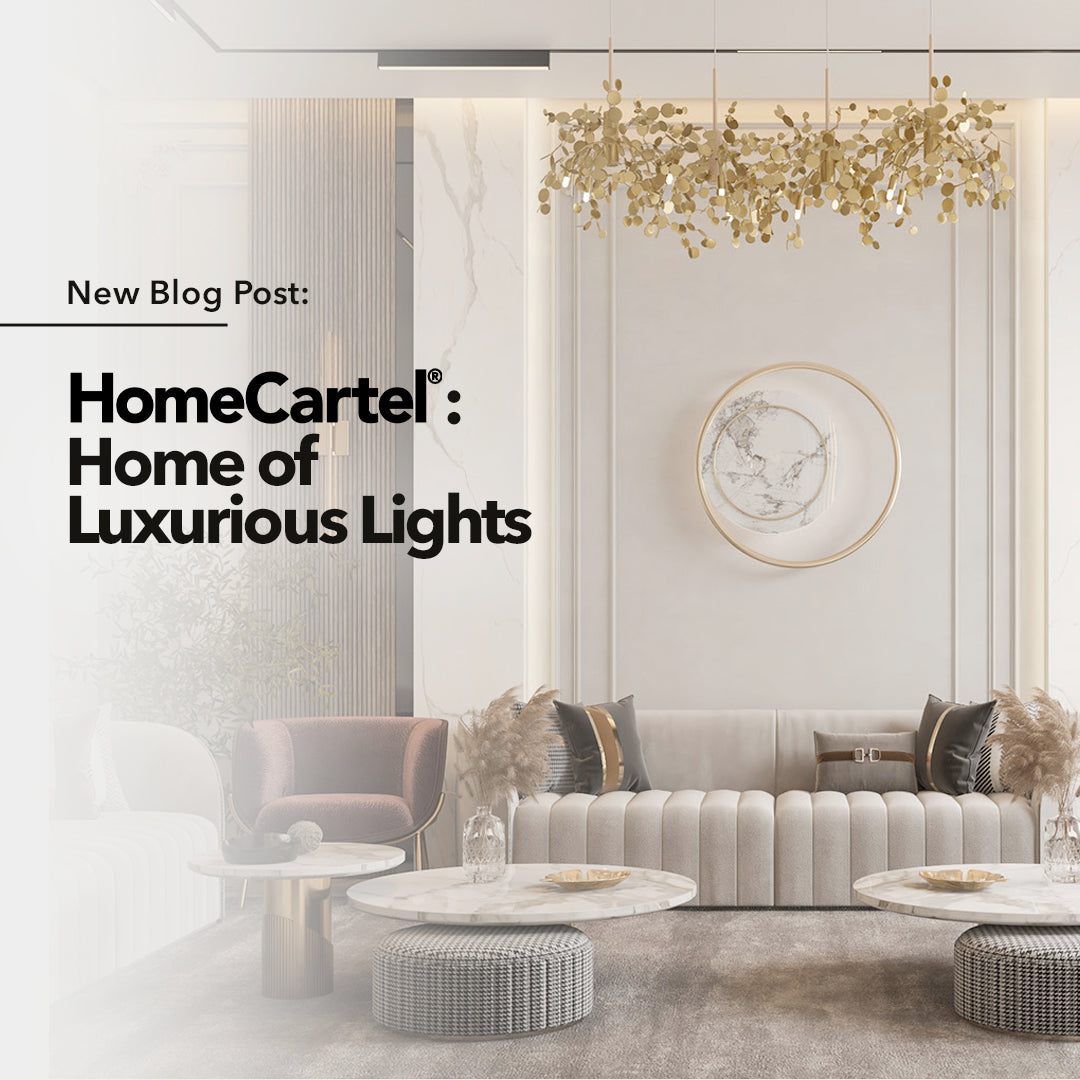 A modern living room with an artistic gold chandelier hanging above