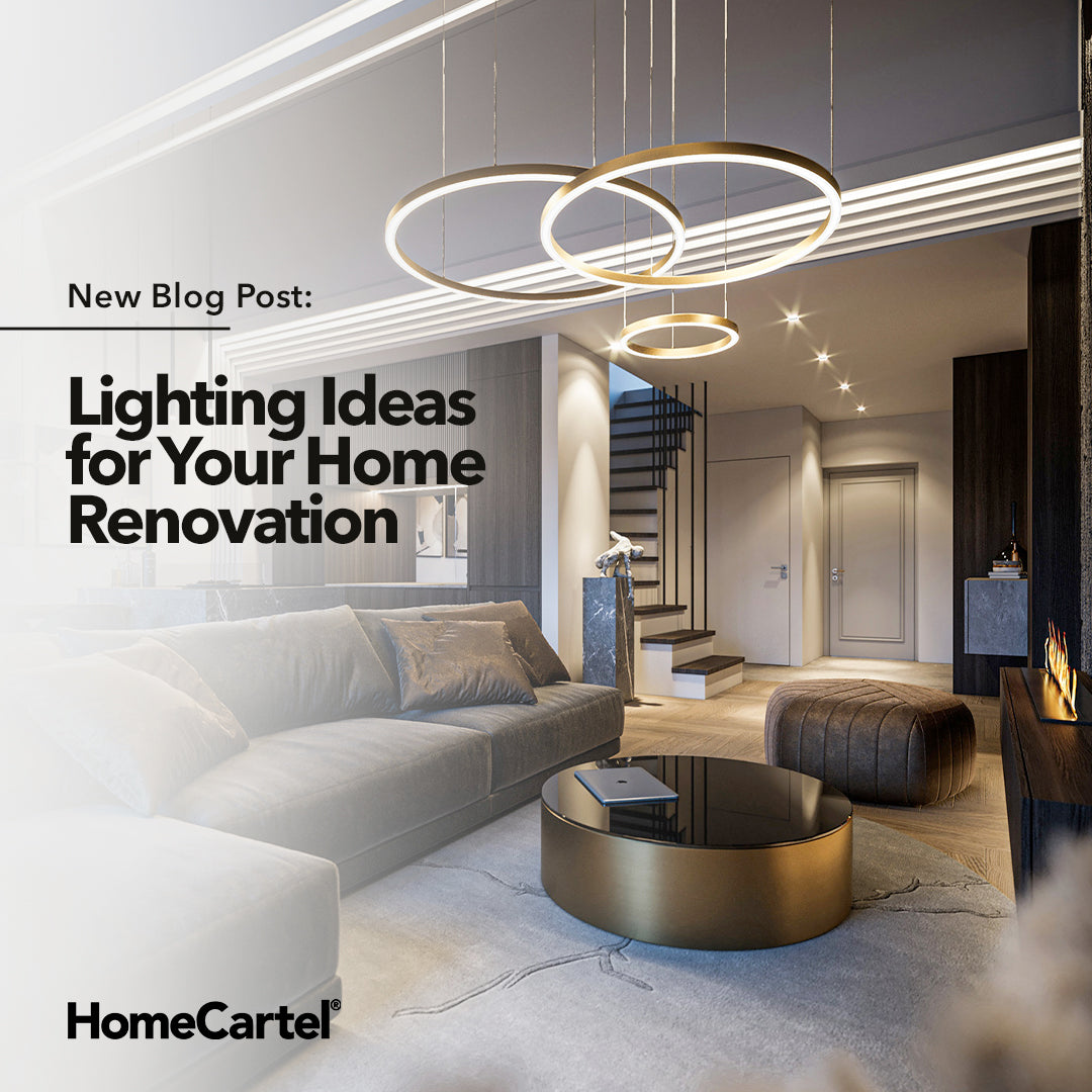 A modern living space with a gold circular chandelier hanging above