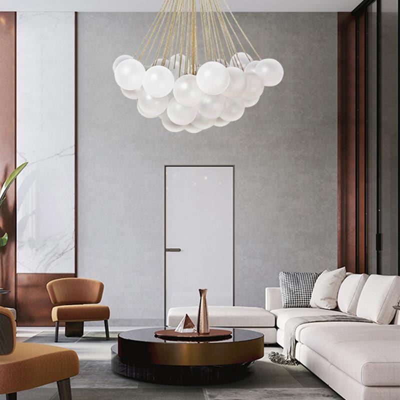 White bubble chandelier placed in the center of the living room