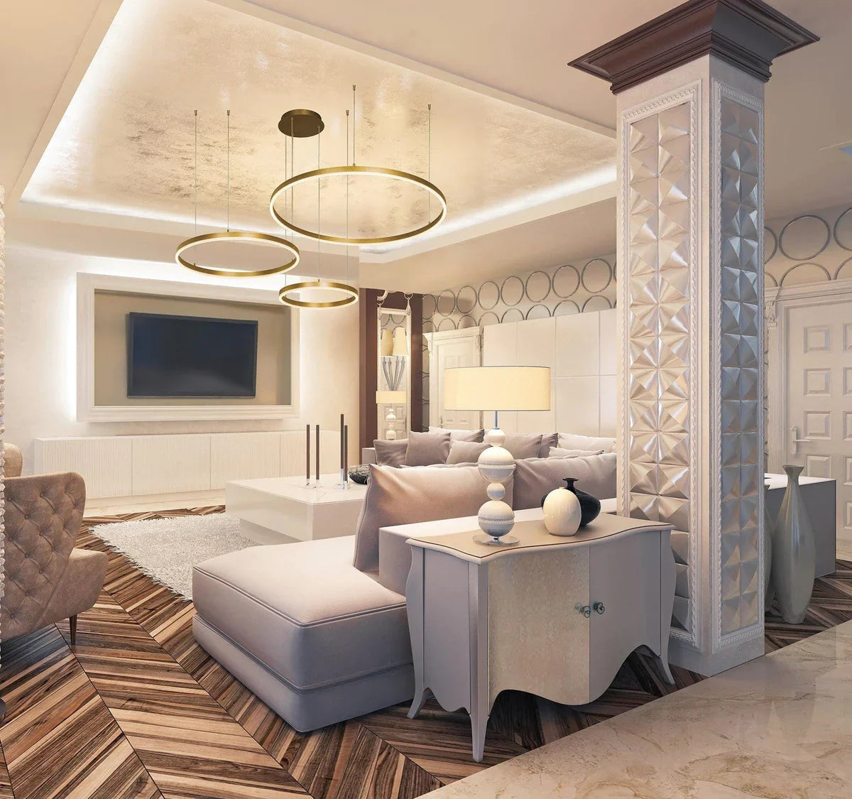 Gold ring LED chandelier placed in the living room