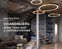 A modern living space with circular chandeliers hanging