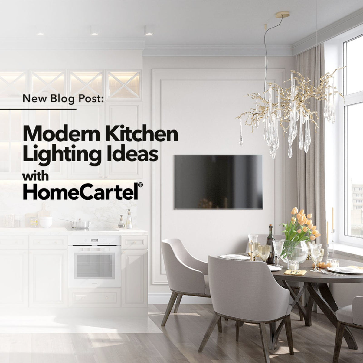 A modern kitchen and dining area with a chandelier hanging above the table